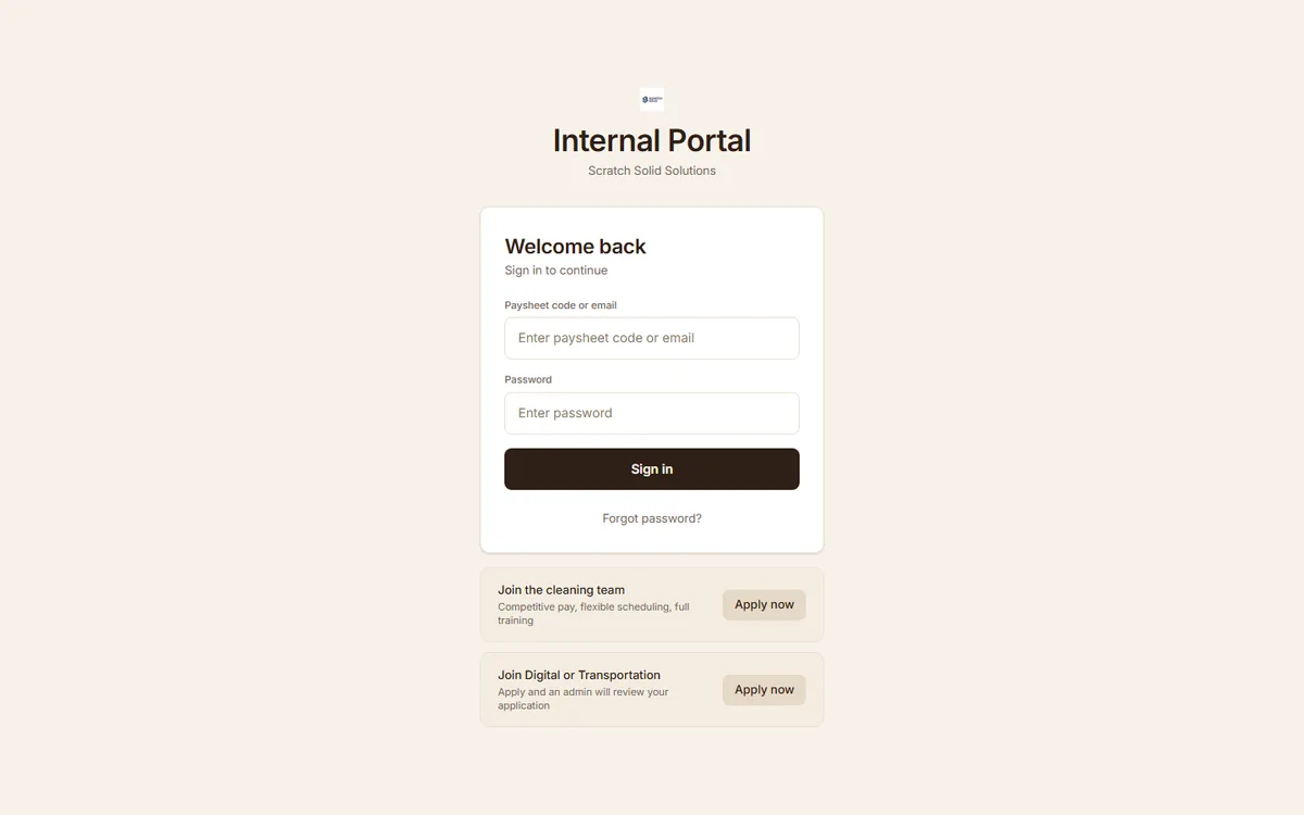 Scratch Solid Solutions internal staff portal login