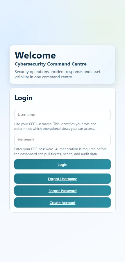Cybersecurity Command Centre login screen, mobile